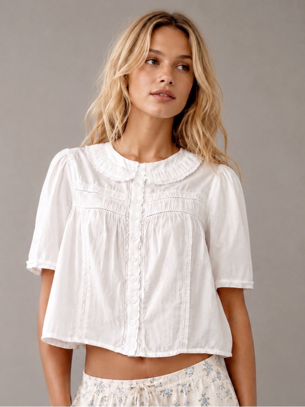 AMERICAN EAGLE Collared Pintuck White Cotton Ruffle Blouse S